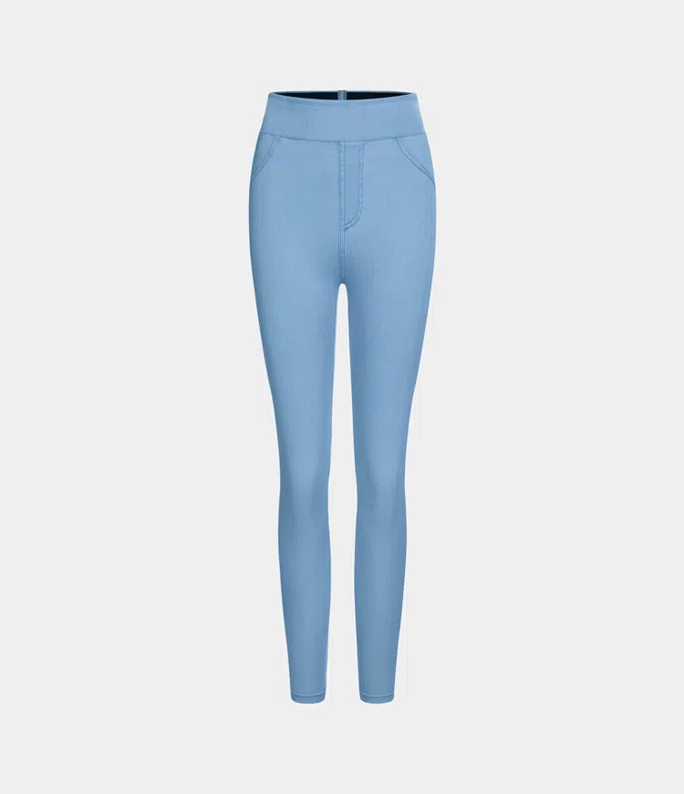 High Waisted Back Side Pocket Stretchy Knit Denim Casual Leggings