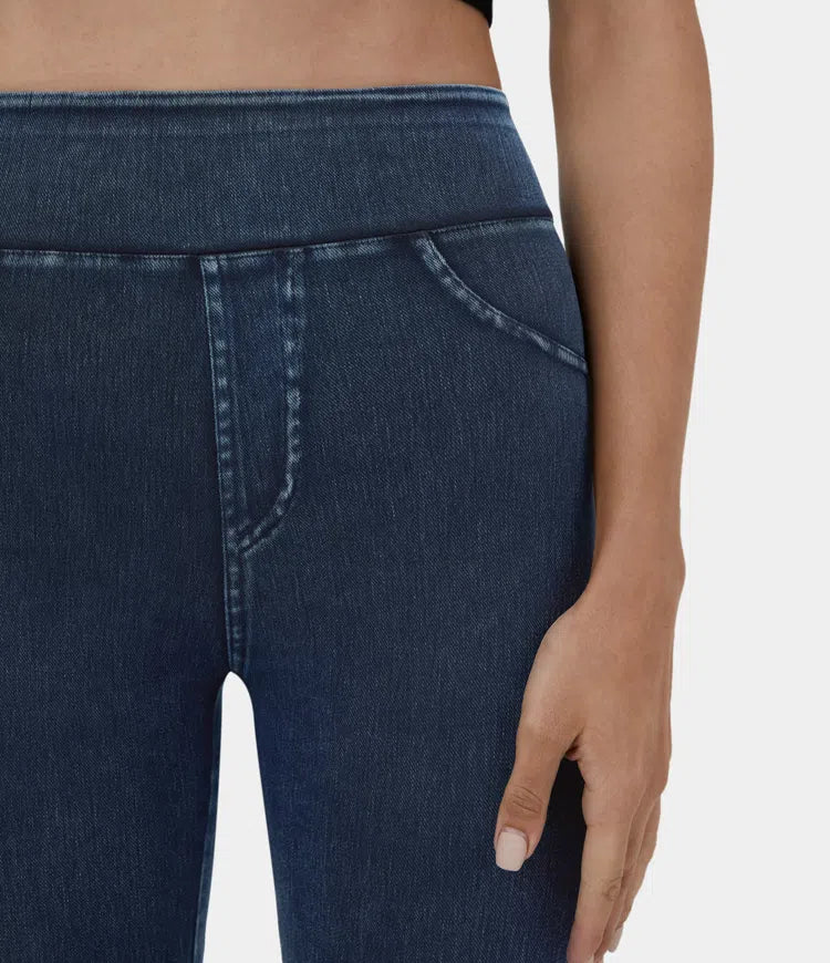 High Waisted Back Side Pocket Stretchy Knit Denim Casual Leggings
