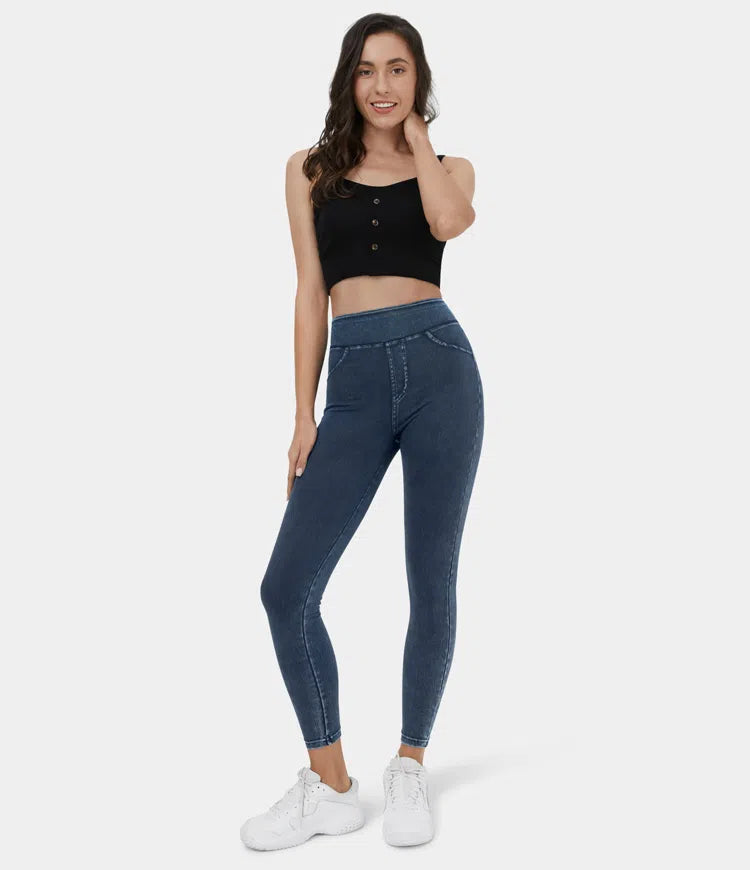 High Waisted Back Side Pocket Stretchy Knit Denim Casual Leggings