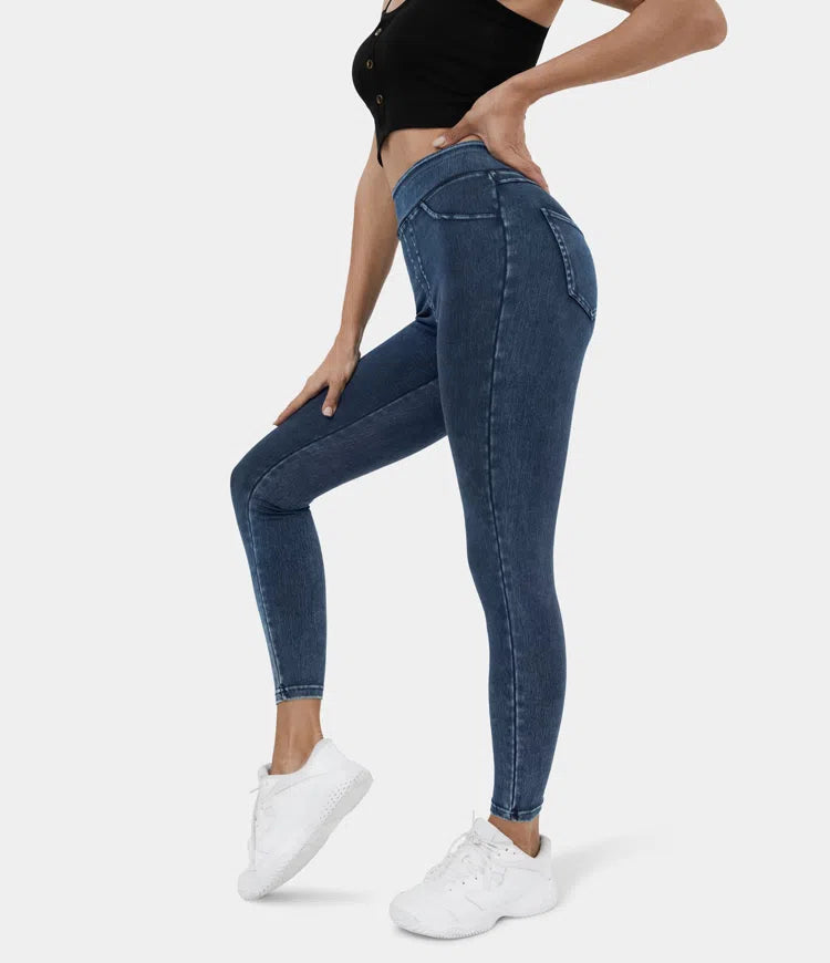 High Waisted Back Side Pocket Stretchy Knit Denim Casual Leggings