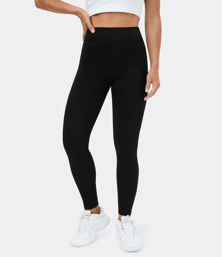 High Waisted Back Side Pocket Stretchy Knit Denim Casual Leggings