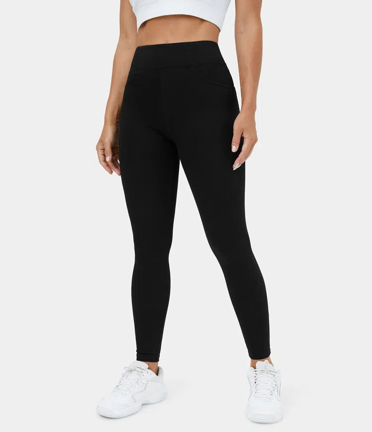 High Waisted Back Side Pocket Stretchy Knit Denim Casual Leggings