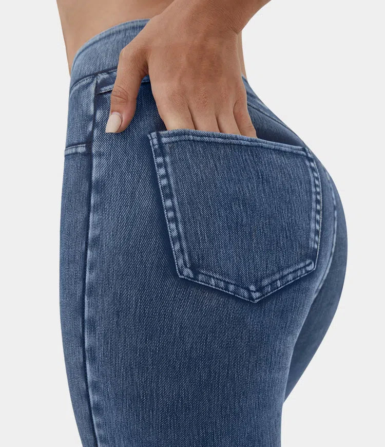 High Waisted Back Side Pocket Stretchy Knit Denim Casual Leggings