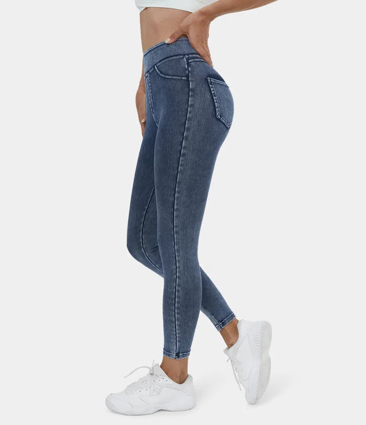 High Waisted Back Side Pocket Stretchy Knit Denim Casual Leggings