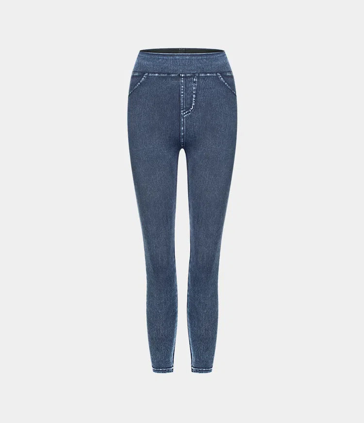 High Waisted Back Side Pocket Stretchy Knit Denim Casual Leggings