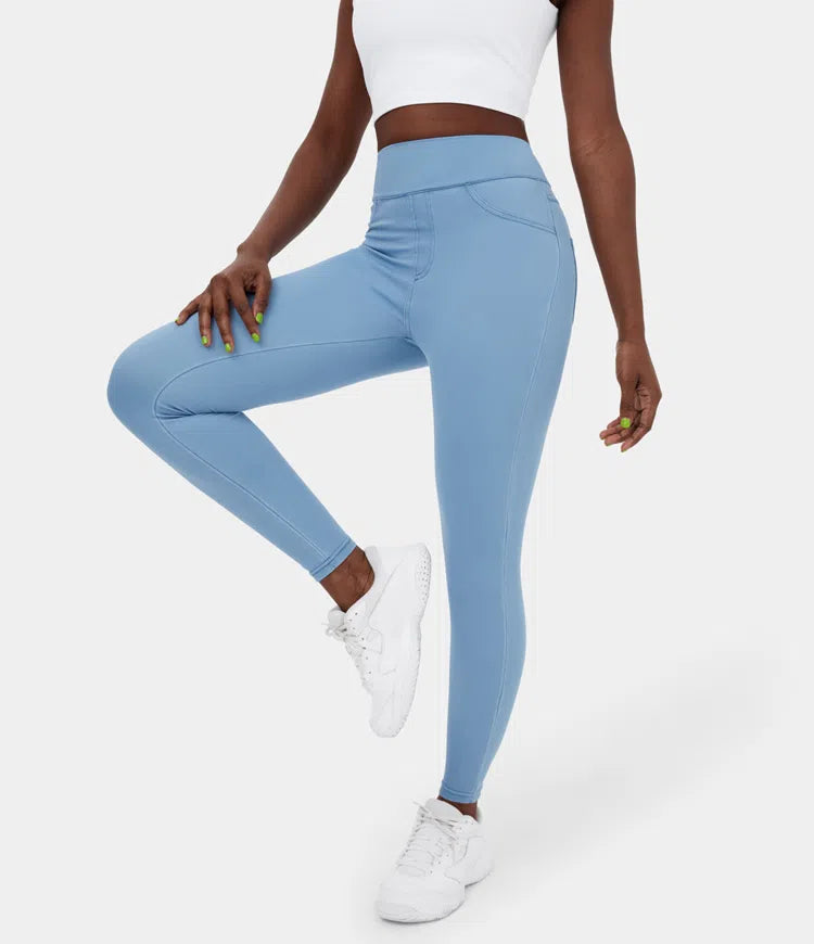 High Waisted Back Side Pocket Stretchy Knit Denim Casual Leggings