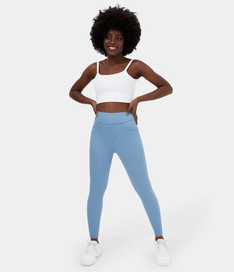 High Waisted Back Side Pocket Stretchy Knit Denim Casual Leggings