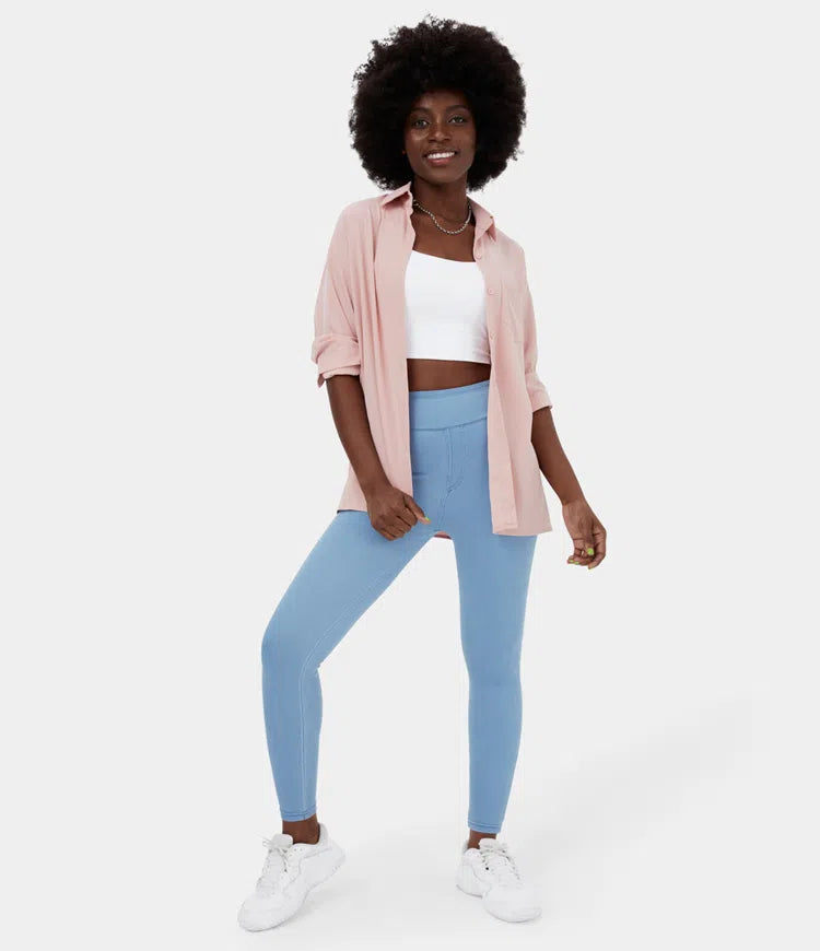 High Waisted Back Side Pocket Stretchy Knit Denim Casual Leggings