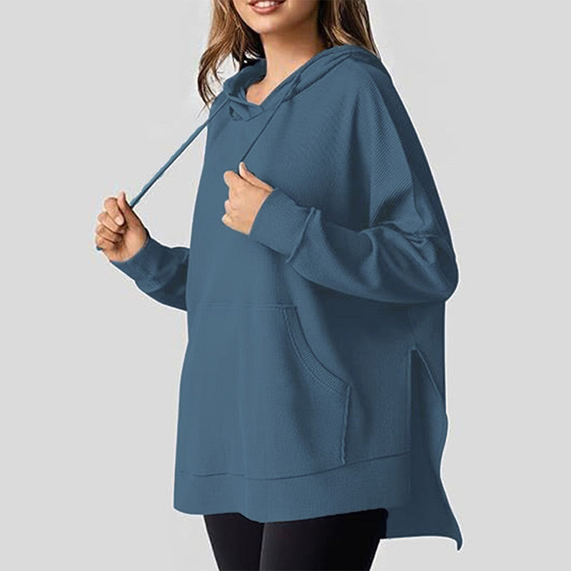 Women's Casual Long Sleeve Waffle Knit Hoodie with Side Slits