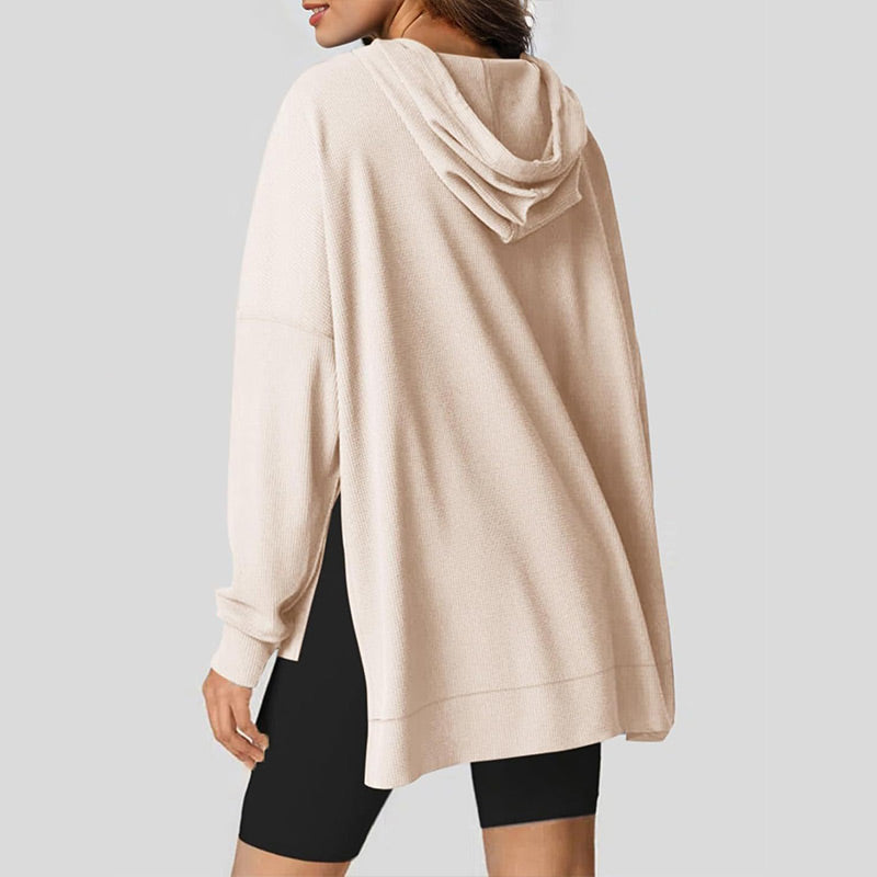 Women's Casual Long Sleeve Waffle Knit Hoodie with Side Slits