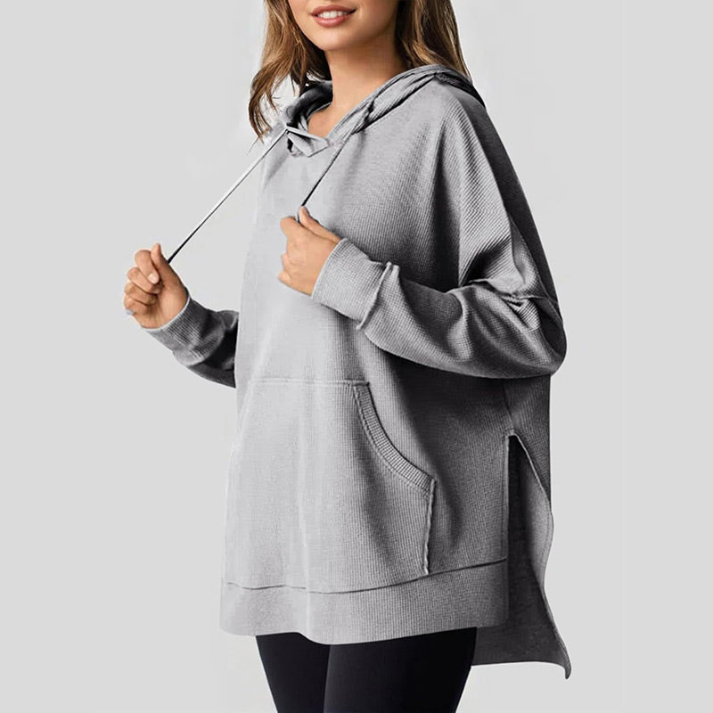 Women's Casual Long Sleeve Waffle Knit Hoodie with Side Slits