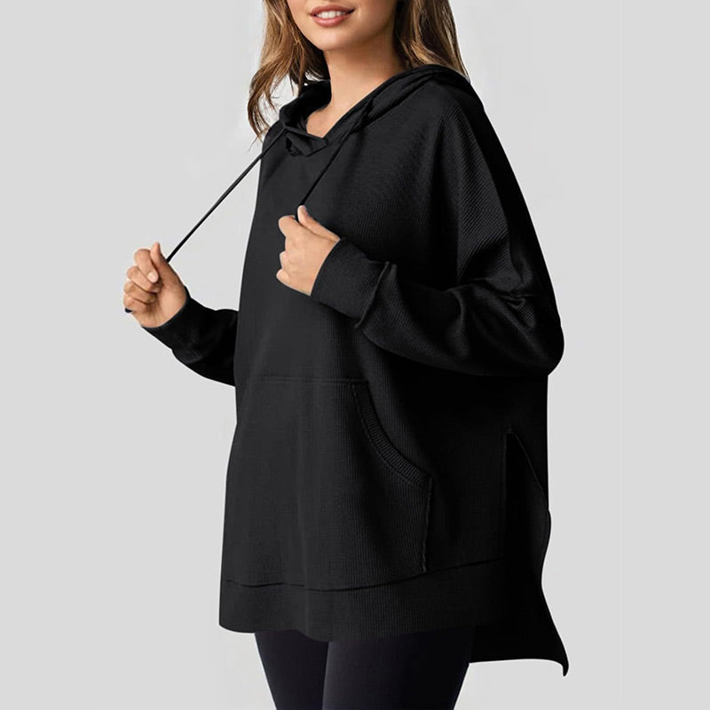 Women's Casual Long Sleeve Waffle Knit Hoodie with Side Slits