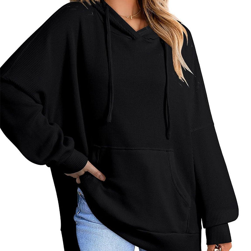 Women's Casual Long Sleeve Waffle Knit Hoodie with Side Slits