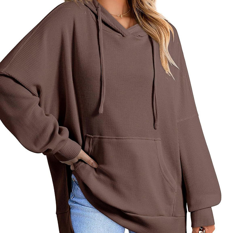 Women's Casual Long Sleeve Waffle Knit Hoodie with Side Slits