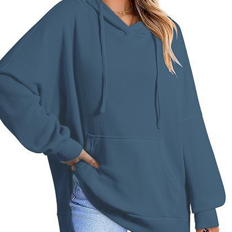 Women's Casual Long Sleeve Waffle Knit Hoodie with Side Slits