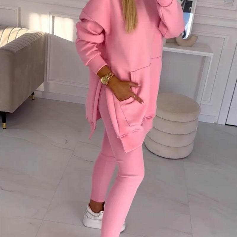 🎁HOT SALE🎁Women's Fashion Solid Color Hoodie And Lined Leggings Two-Piece Set