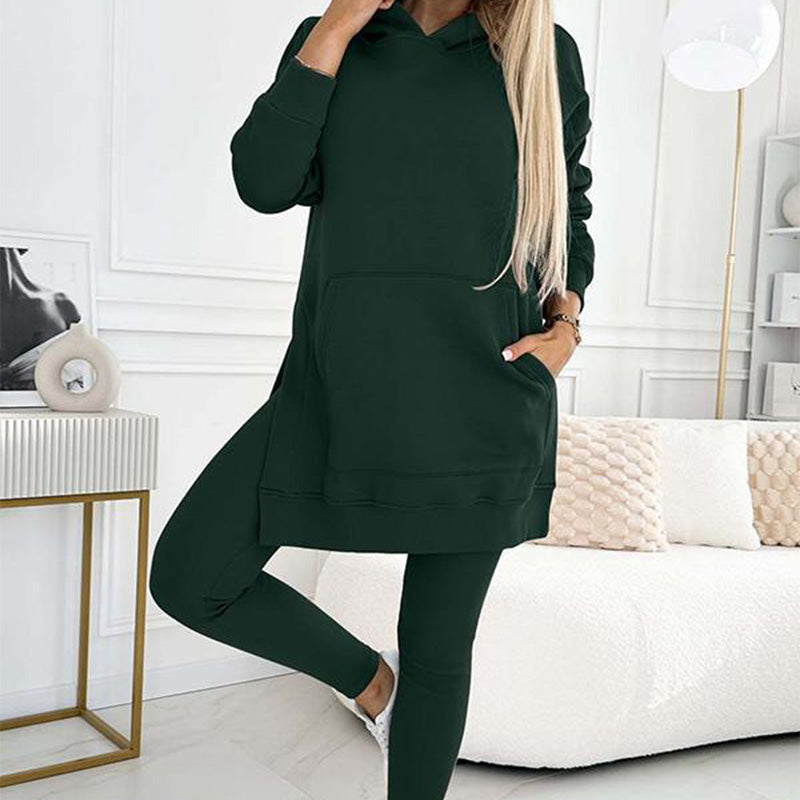 🎁HOT SALE🎁Women's Fashion Solid Color Hoodie And Lined Leggings Two-Piece Set
