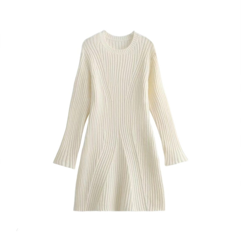 🔥Solid Color Round Neck Knit Long Sleeve Mini Dress👗