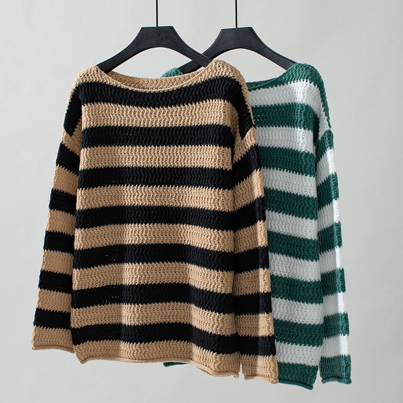 Striped Drop-shoulder Long-sleeve Sweater for Women