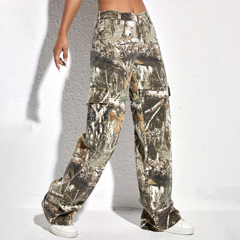 Women's Printed Straight-Leg Cargo Pants with Pockets