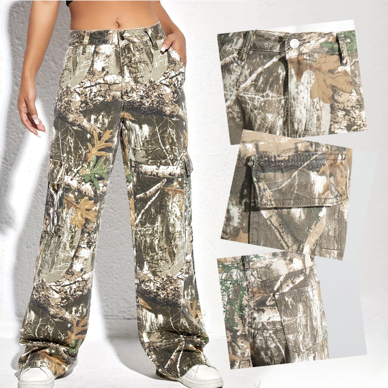 Women's Printed Straight-Leg Cargo Pants with Pockets