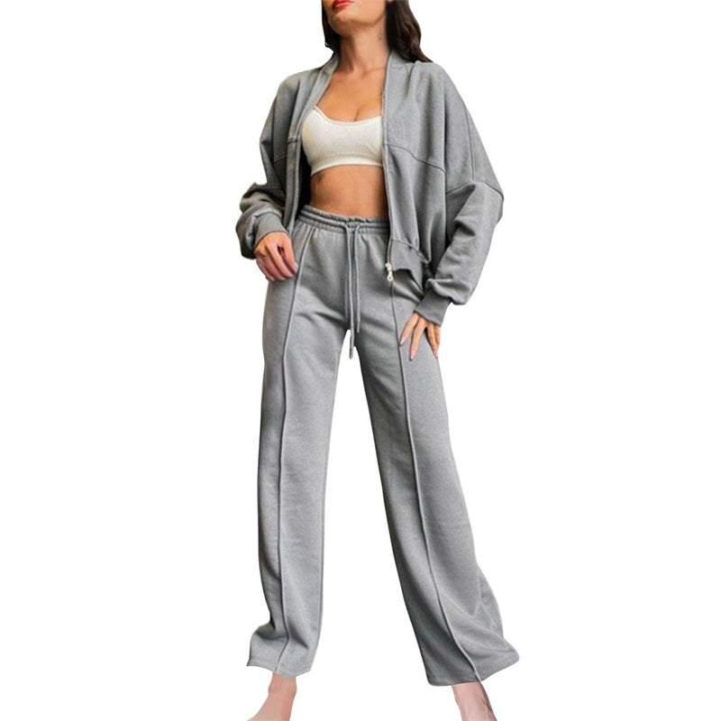 ✨ Chic Autumn/Winter Solid Zip-Up Hoodie & Straight Pants Set (top + trousers) 🍂💖