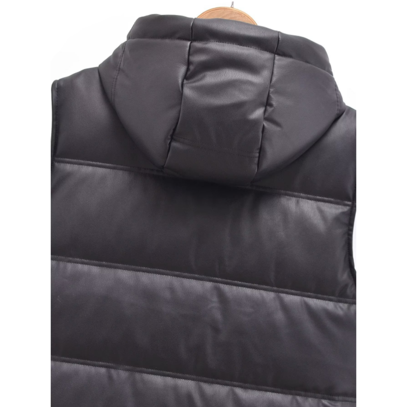 Warm PU Leather Long Hooded Vest