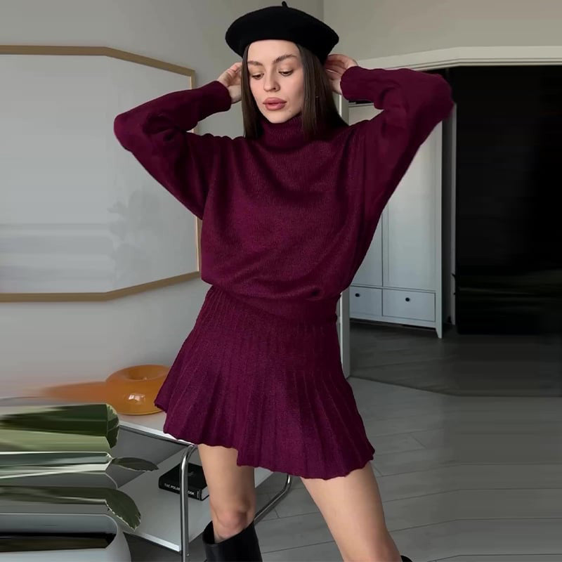 Solid Color Knit Turtleneck Top & Pleated Skirt Set