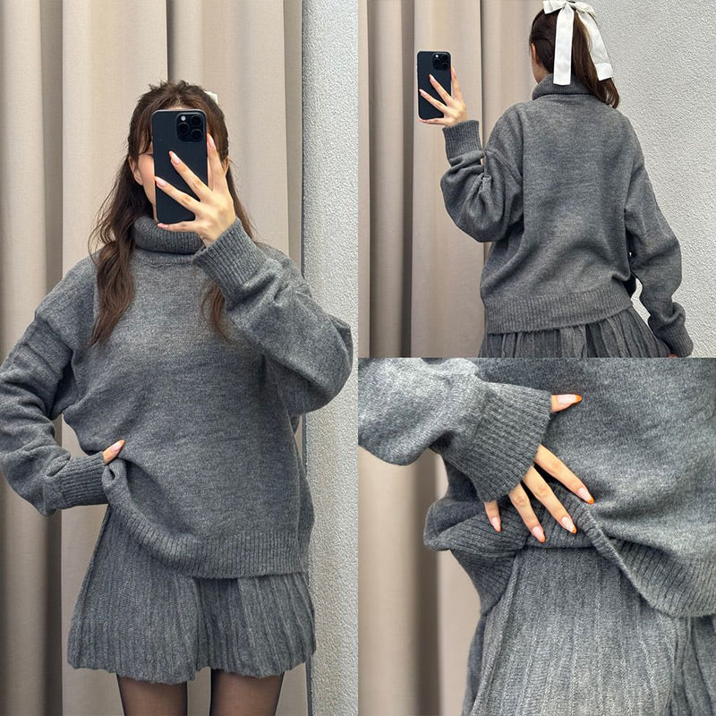 Solid Color Knit Turtleneck Top & Pleated Skirt Set