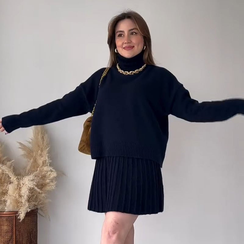 Solid Color Knit Turtleneck Top & Pleated Skirt Set