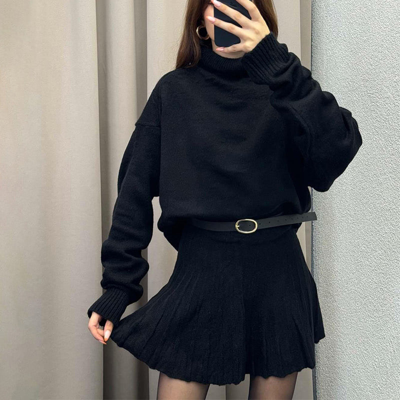Solid Color Knit Turtleneck Top & Pleated Skirt Set