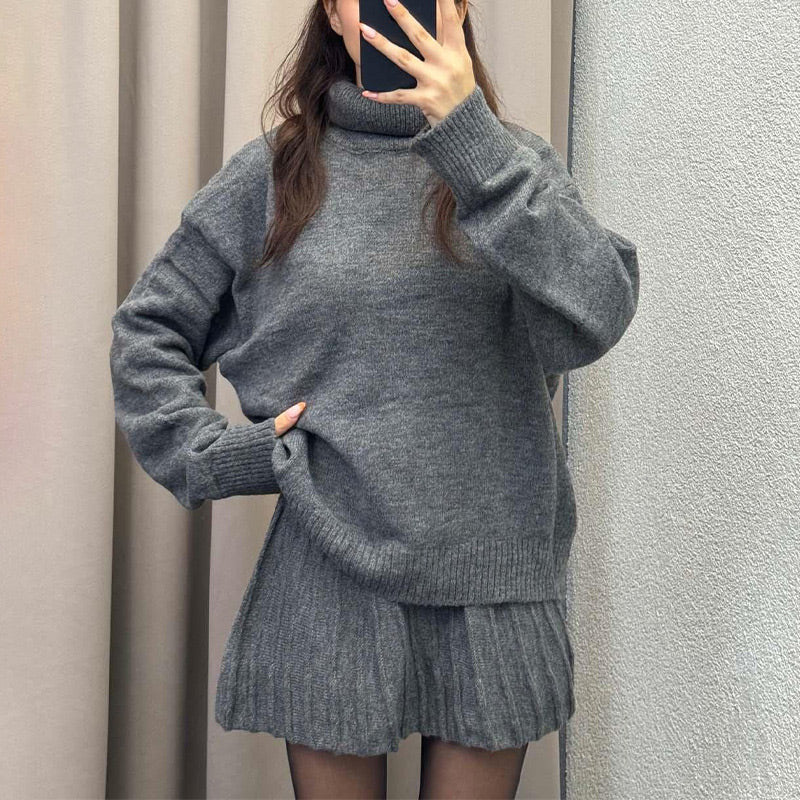 Solid Color Knit Turtleneck Top & Pleated Skirt Set