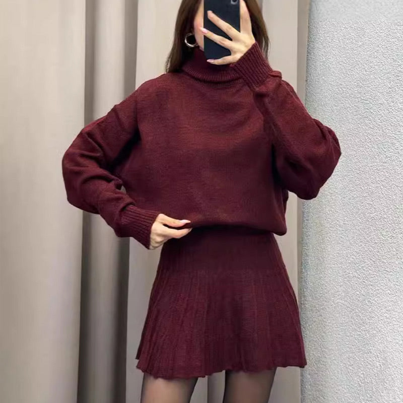 Solid Color Knit Turtleneck Top & Pleated Skirt Set