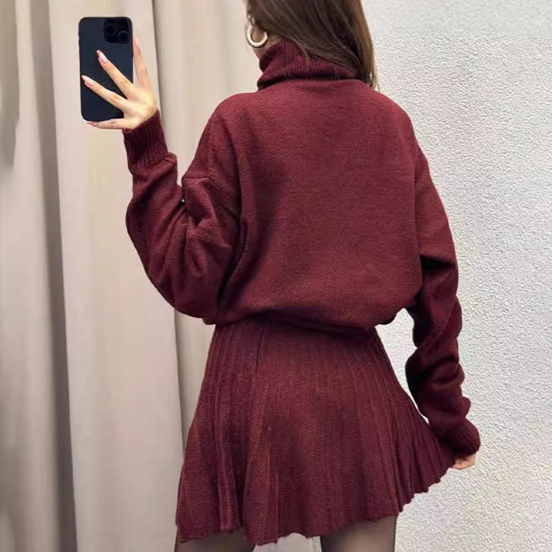 Solid Color Knit Turtleneck Top & Pleated Skirt Set