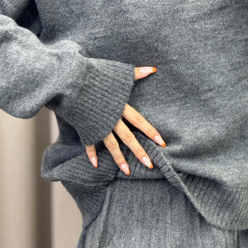 Solid Color Knit Turtleneck Top & Pleated Skirt Set