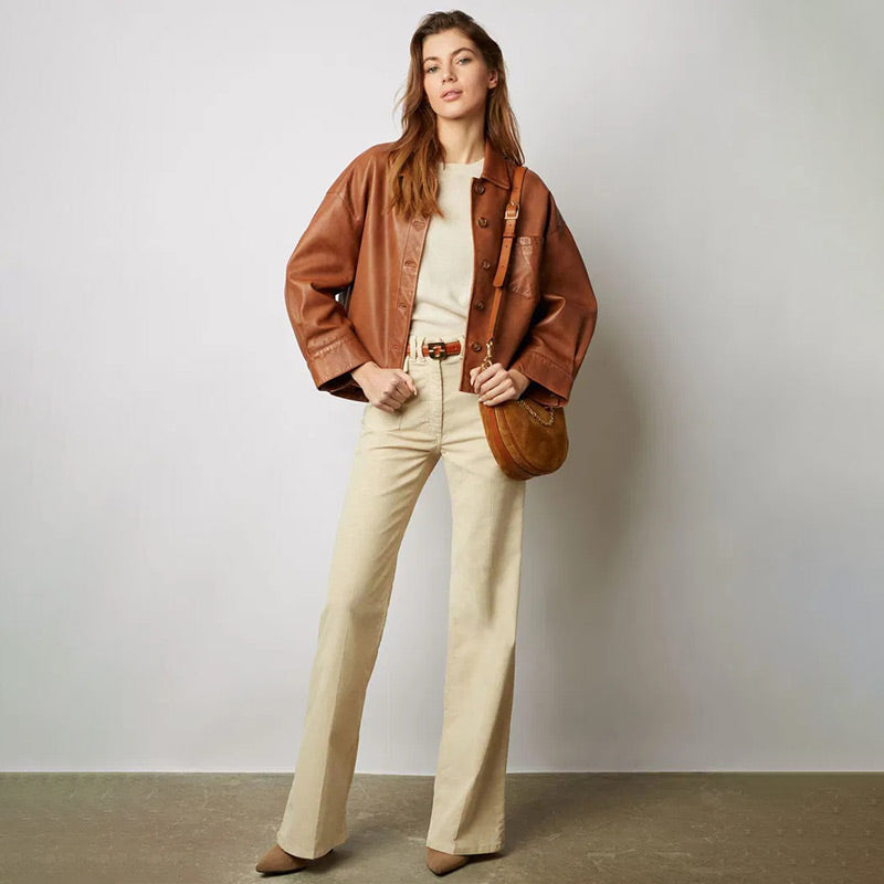 Women's Brown Buttoned Lapel Short PU Leather Jacket