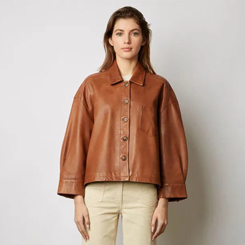 Women's Brown Buttoned Lapel Short PU Leather Jacket