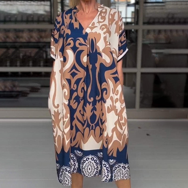 🌺2025 Latest Fashion🔥Printed V Neck Loose Midi Dress
