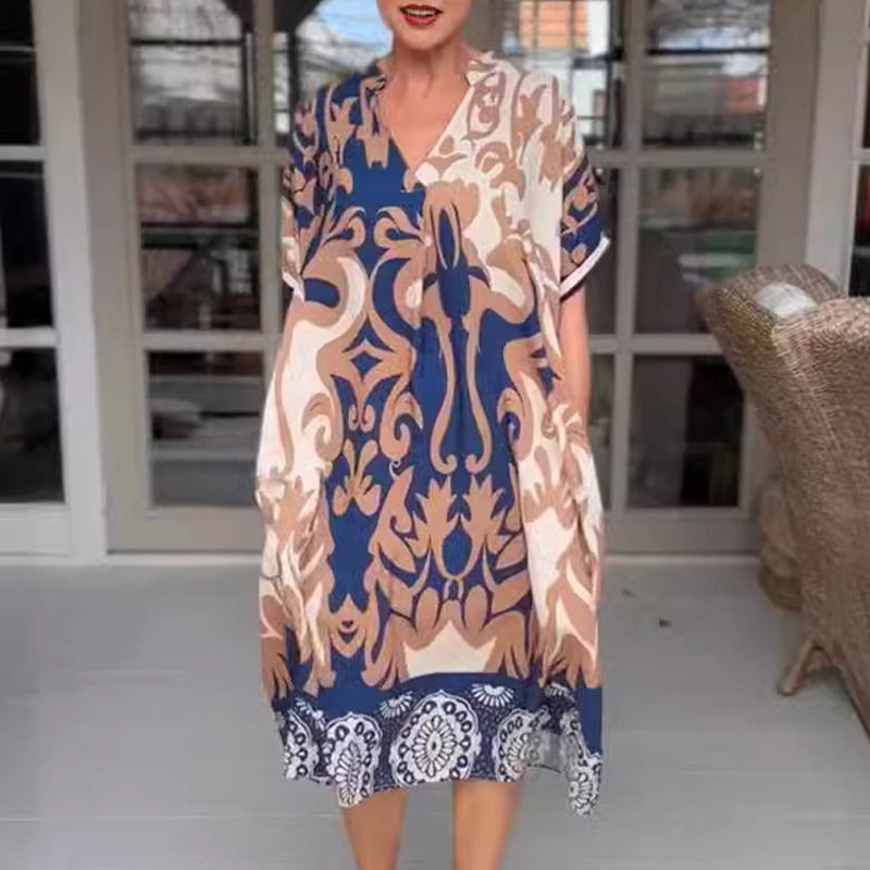 🌺2025 Latest Fashion🔥Printed V Neck Loose Midi Dress