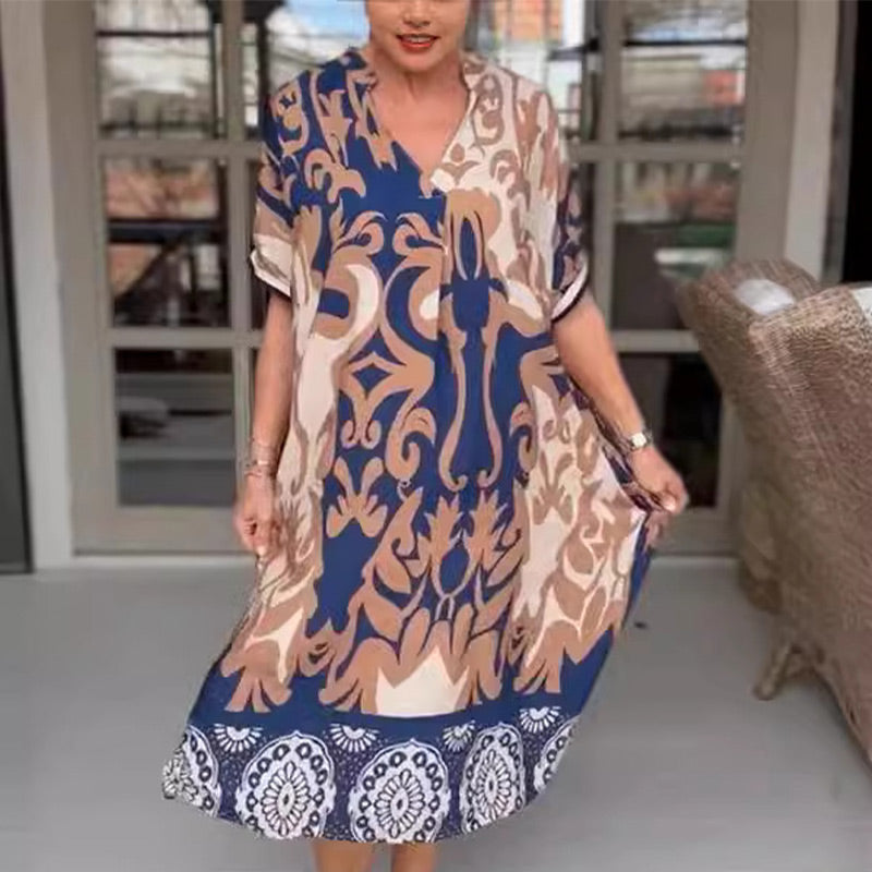 🌺2025 Latest Fashion🔥Printed V Neck Loose Midi Dress