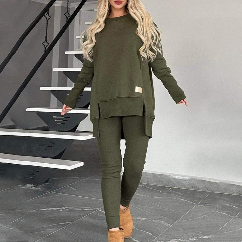 Slit High Low Hem Sweatshirt & Bodycon Pants Set