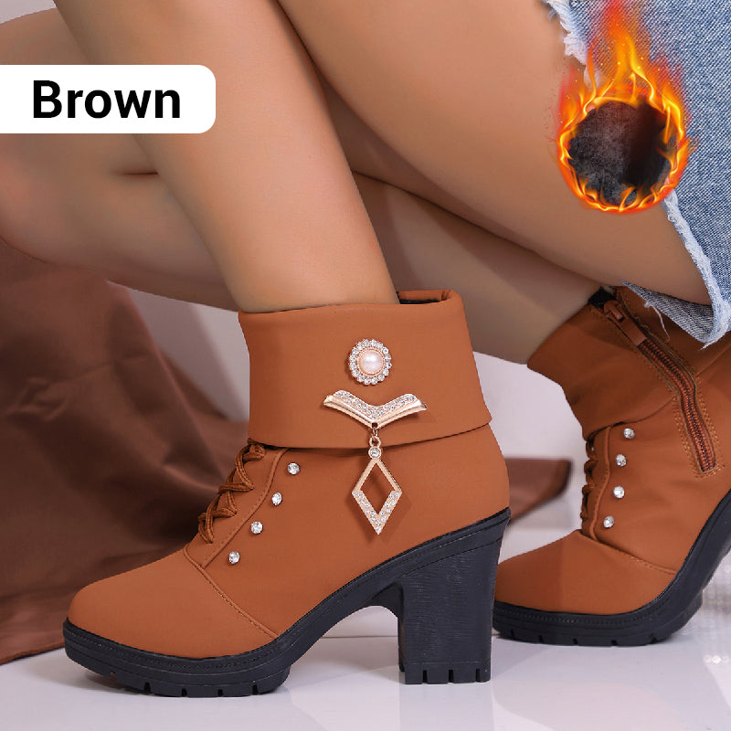 Women's Chunky Heeled Ankle Boots with Rhinestone Decor⚡New Arrivals Sale-50% OFF
