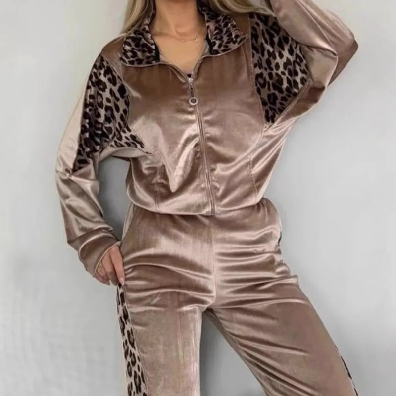 🔥2025 HOT SALE🔥 Women's Fashion Leopard Print Zipper Top&Drawstring Pants (2-Piece Set)