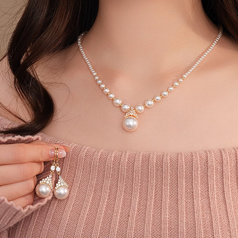 Vintage Elegant Zirconia Imitation Pearl Necklace & Earrings