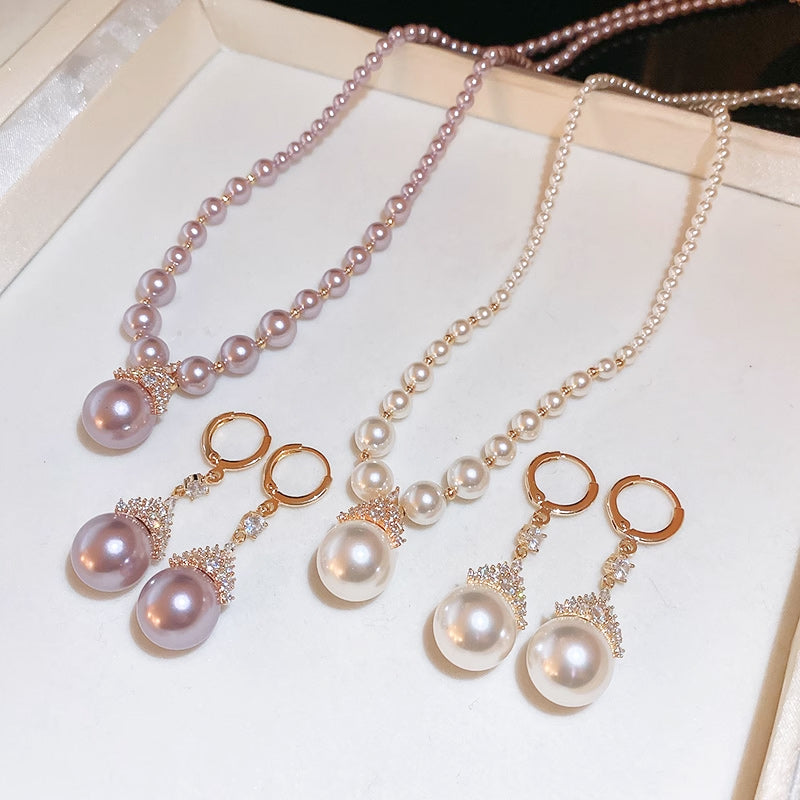 Vintage Elegant Zirconia Imitation Pearl Necklace & Earrings