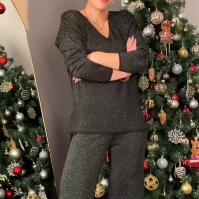 Sparkly V-Neck Tops & Wide-Leg Pants Two-Piece Set