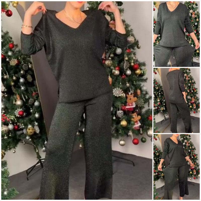 Sparkly V-Neck Tops & Wide-Leg Pants Two-Piece Set