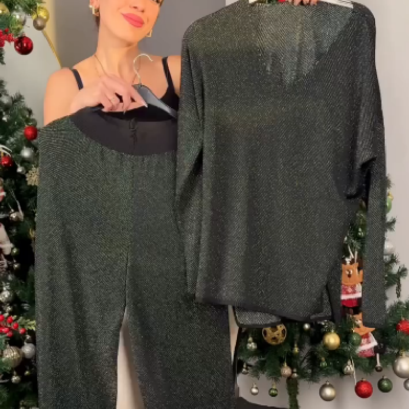 Sparkly V-Neck Tops & Wide-Leg Pants Two-Piece Set
