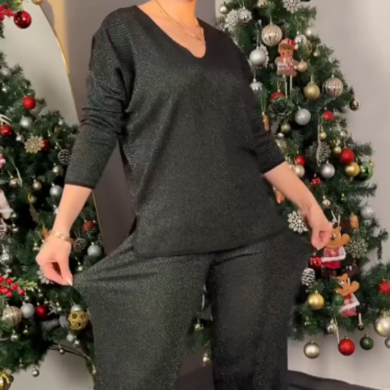 Sparkly V-Neck Tops & Wide-Leg Pants Two-Piece Set