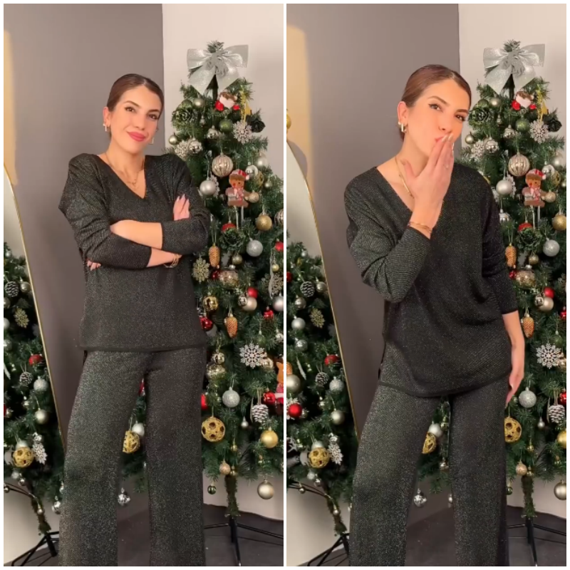 Sparkly V-Neck Tops & Wide-Leg Pants Two-Piece Set